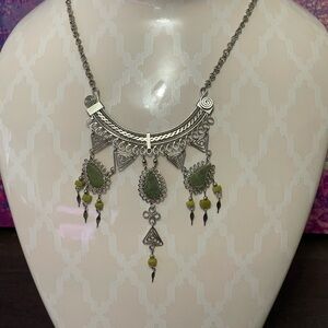 Bohemian Silver & Green Pendant Necklace w/ Dangling Charms Handmade in Thailand
